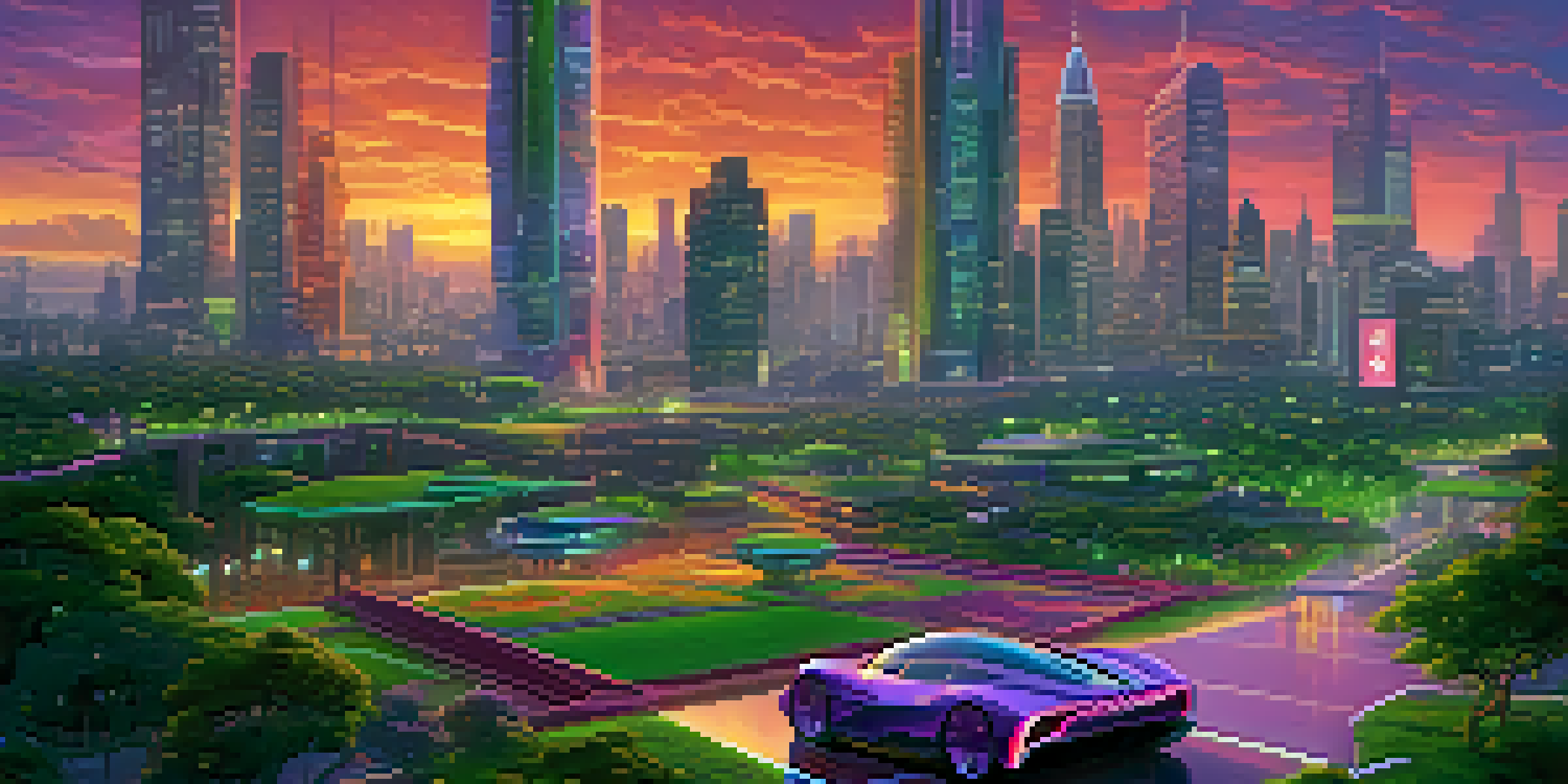 A futuristic city with neon lights and flying cars during sunset.