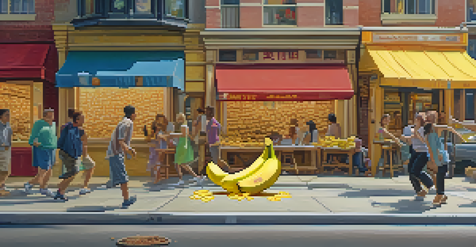 An animated street scene where a character is slipping on a banana peel, with colorful storefronts and amused onlookers.