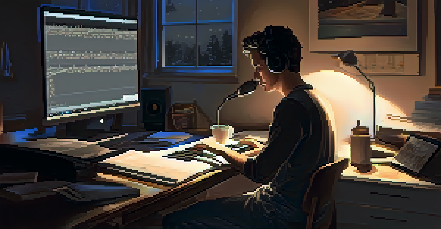 A night scene of a composer at work with a glowing computer screen and musical sheets, illuminated by a warm lamp and a cup of coffee nearby.