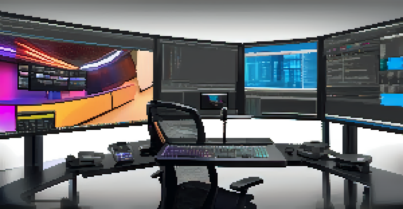 A modern digital editing suite with two monitors showing vibrant video editing software and tools.