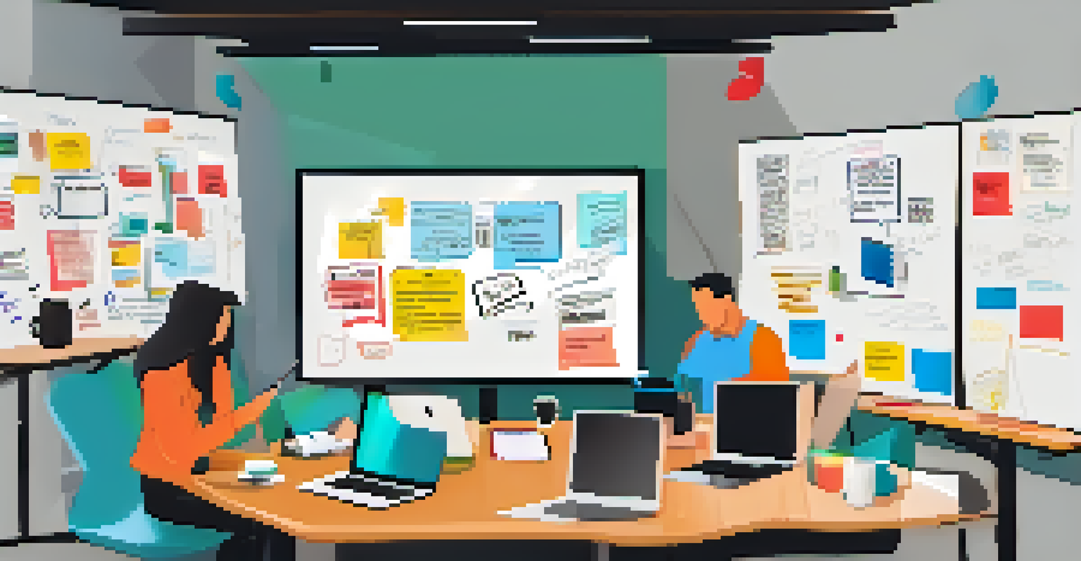 A creative workspace showing a film marketing team brainstorming with colorful notes on a whiteboard.
