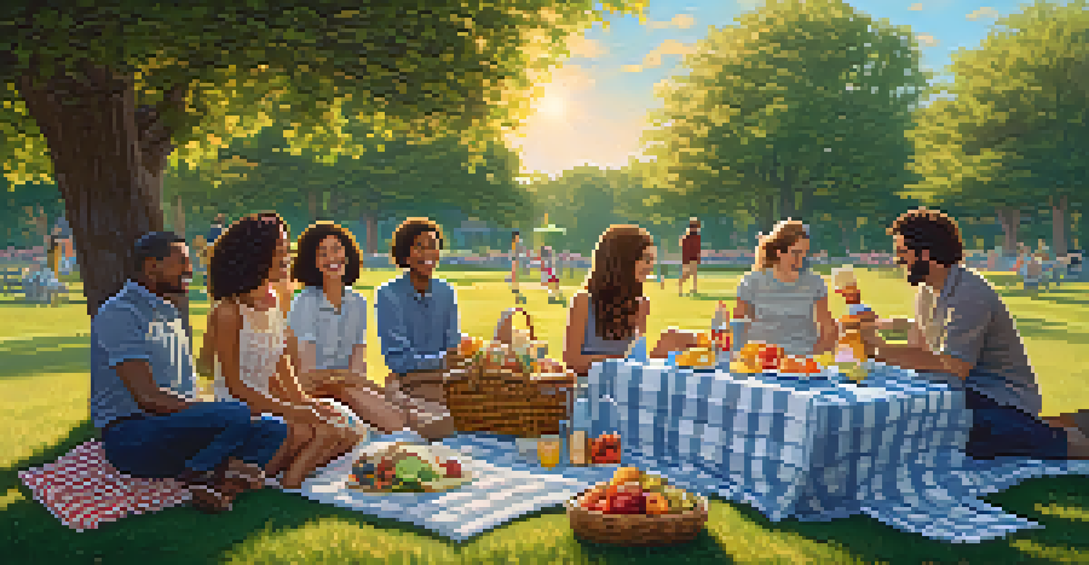 An outdoor picnic in a park with a checkered blanket, a basket of fruits and sandwiches, and friends laughing under a clear sky surrounded by flowers and trees.