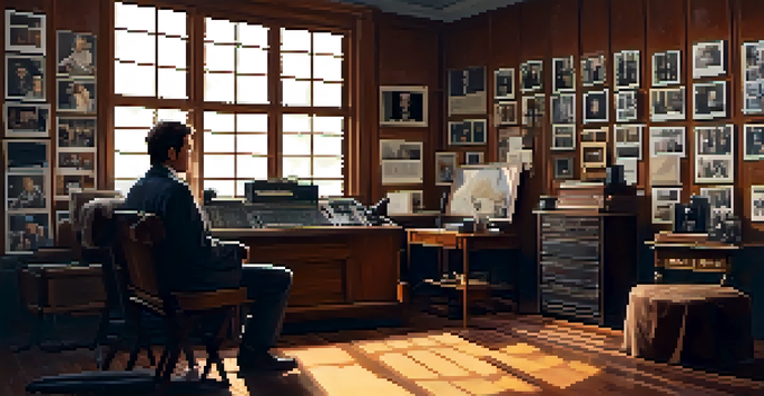 A filmmaker in a cozy workspace, surrounded by vintage film equipment, storyboards, and photographs, with soft morning light streaming through a window.