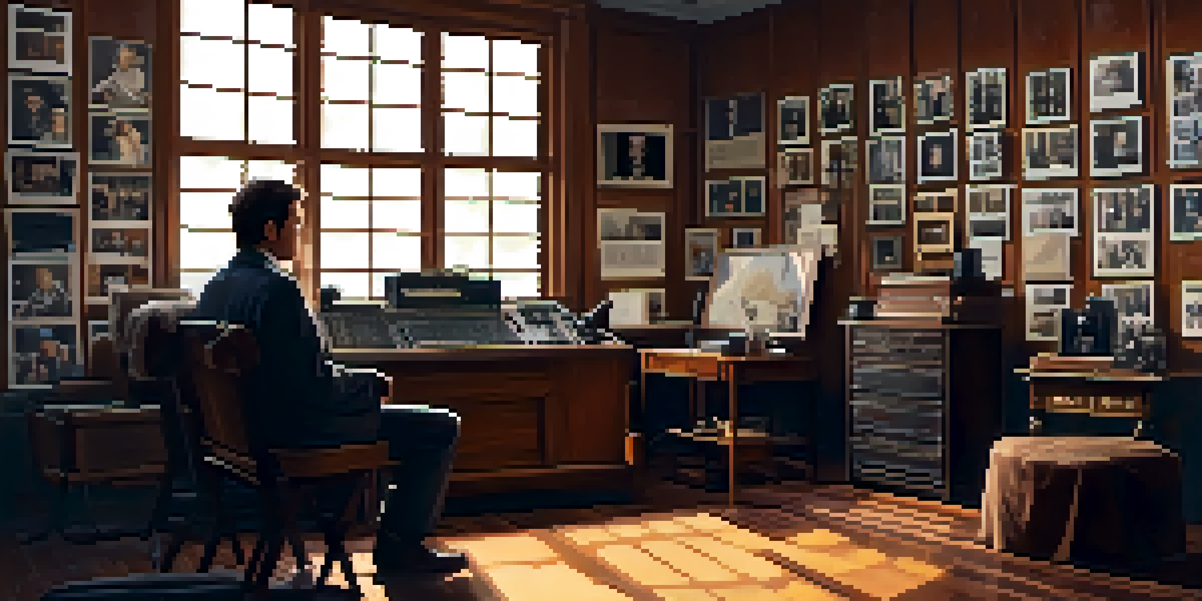 A filmmaker in a cozy workspace, surrounded by vintage film equipment, storyboards, and photographs, with soft morning light streaming through a window.
