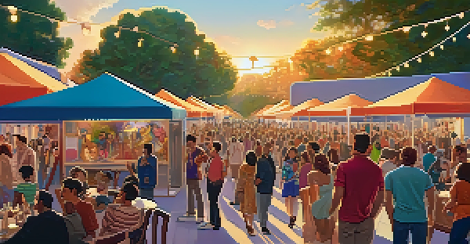 A lively film festival with diverse attendees, colorful banners, and a large screen showing a film reel, all illuminated by sunset light.