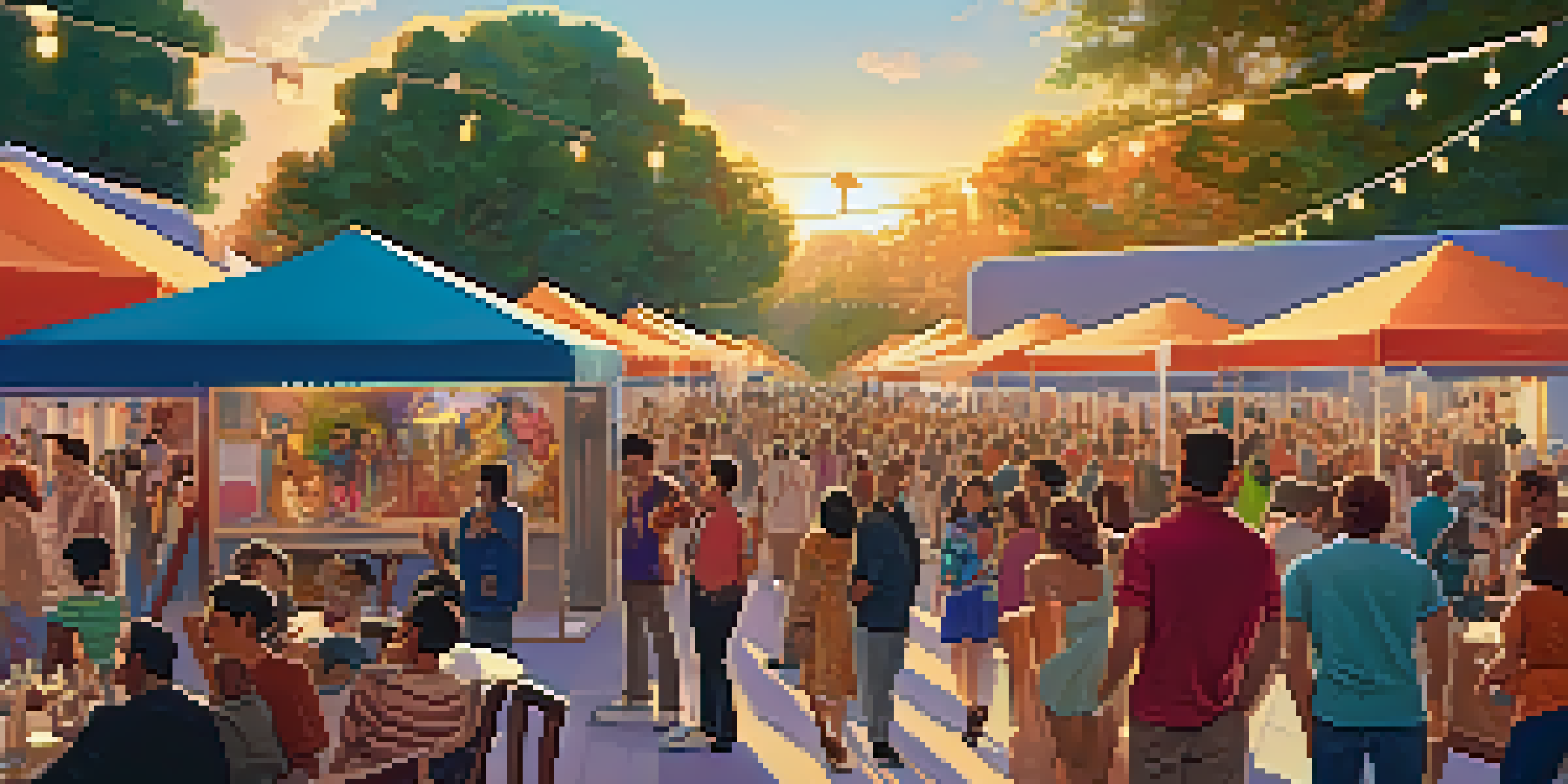 A lively film festival with diverse attendees, colorful banners, and a large screen showing a film reel, all illuminated by sunset light.