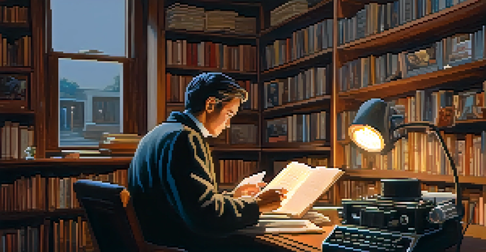 A film critic analyzing a movie in a cozy room filled with bookshelves and a vintage projector, with warm lighting and a cup of coffee on the table.