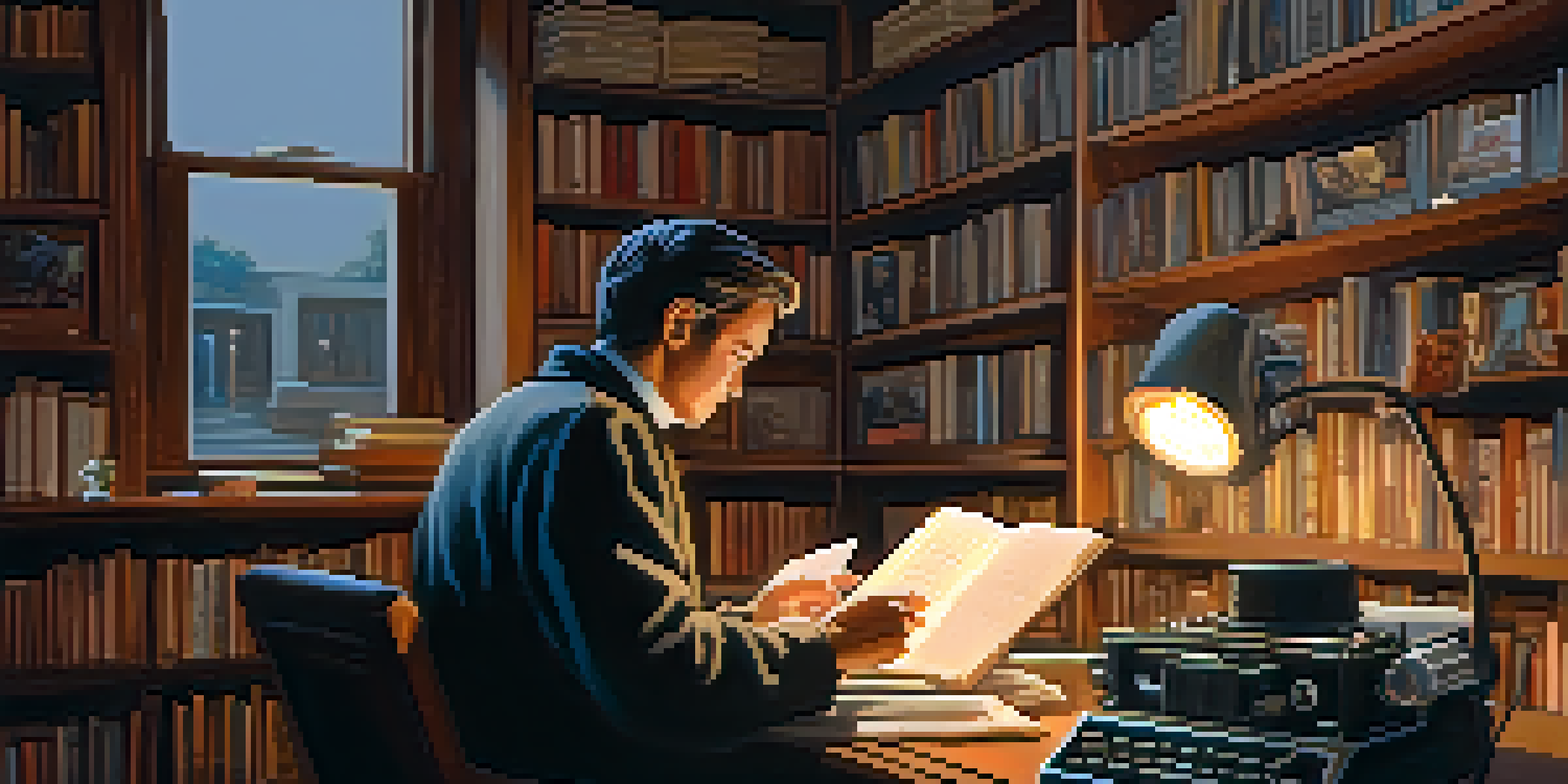 A film critic analyzing a movie in a cozy room filled with bookshelves and a vintage projector, with warm lighting and a cup of coffee on the table.