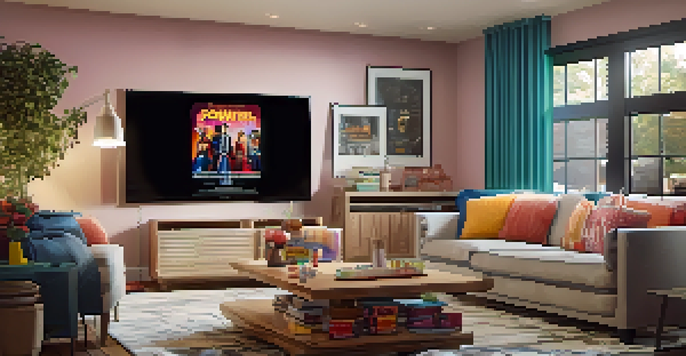 A cozy living room with a large TV showing a colorful movie poster, popcorn on the table, and soft lighting.