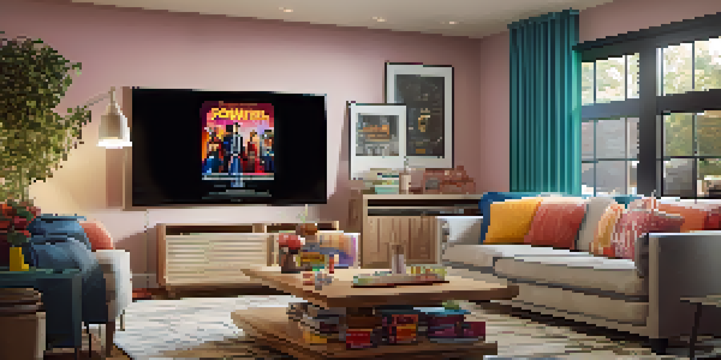 A cozy living room with a large TV showing a colorful movie poster, popcorn on the table, and soft lighting.
