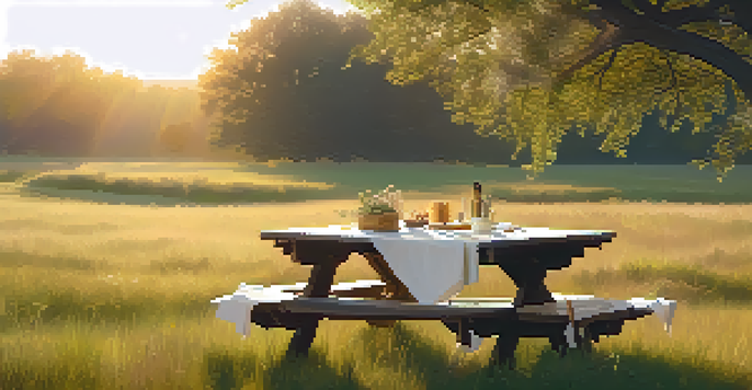 A tranquil outdoor setting with a picnic table under an oak tree, flowers in a vase, and sunlight creating a warm ambiance.