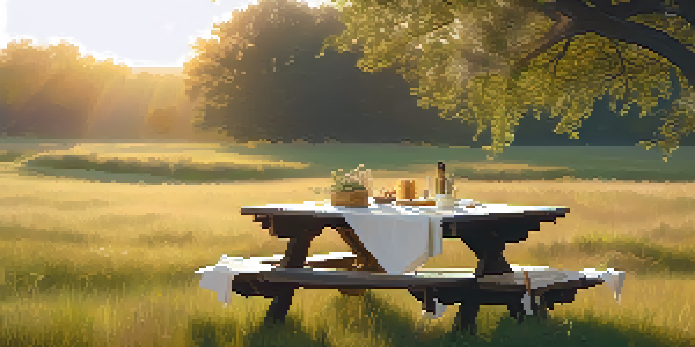 A tranquil outdoor setting with a picnic table under an oak tree, flowers in a vase, and sunlight creating a warm ambiance.