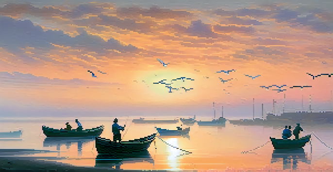 A calm coastal sunrise with fishermen in small boats and colorful sky.