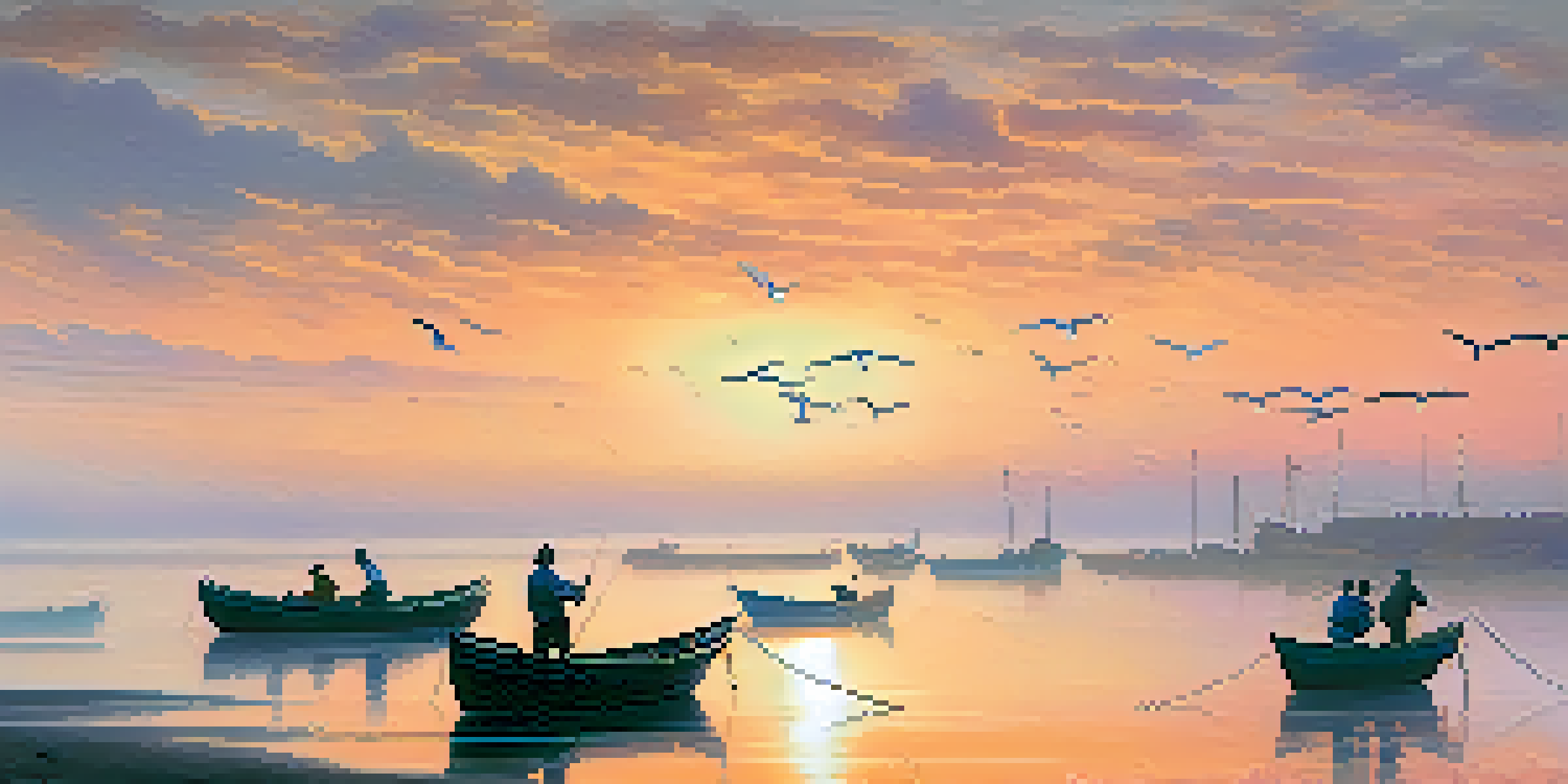A calm coastal sunrise with fishermen in small boats and colorful sky.