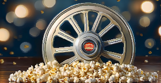 A close-up of a vintage film reel surrounded by popcorn, with warm lighting highlighting the textures.
