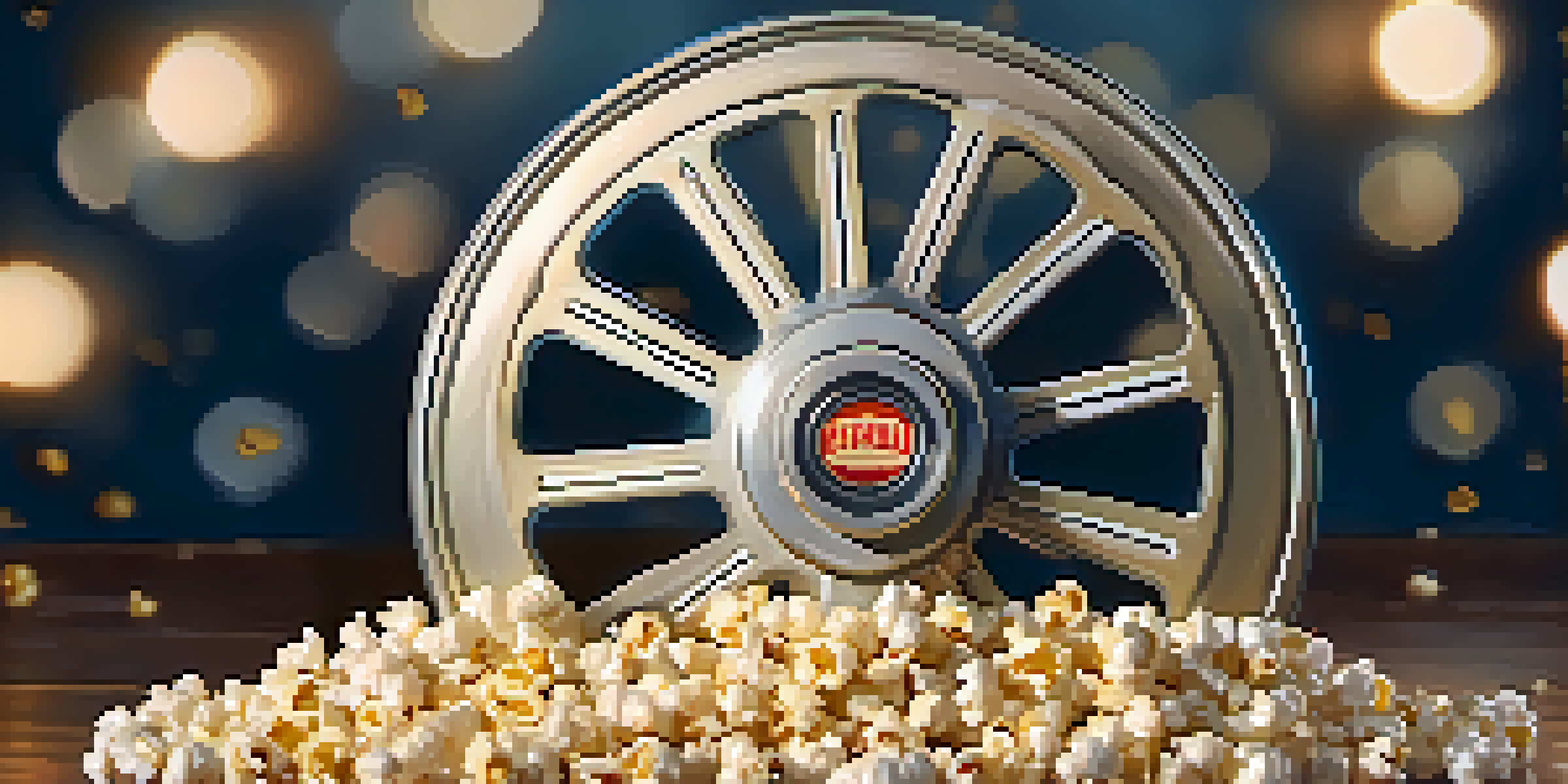 A close-up of a vintage film reel surrounded by popcorn, with warm lighting highlighting the textures.