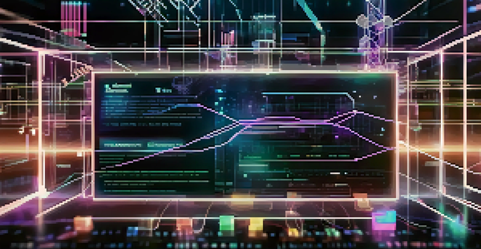 A futuristic touchscreen showing a digital blockchain ledger with glowing data streams and nodes, representing secure transactions.