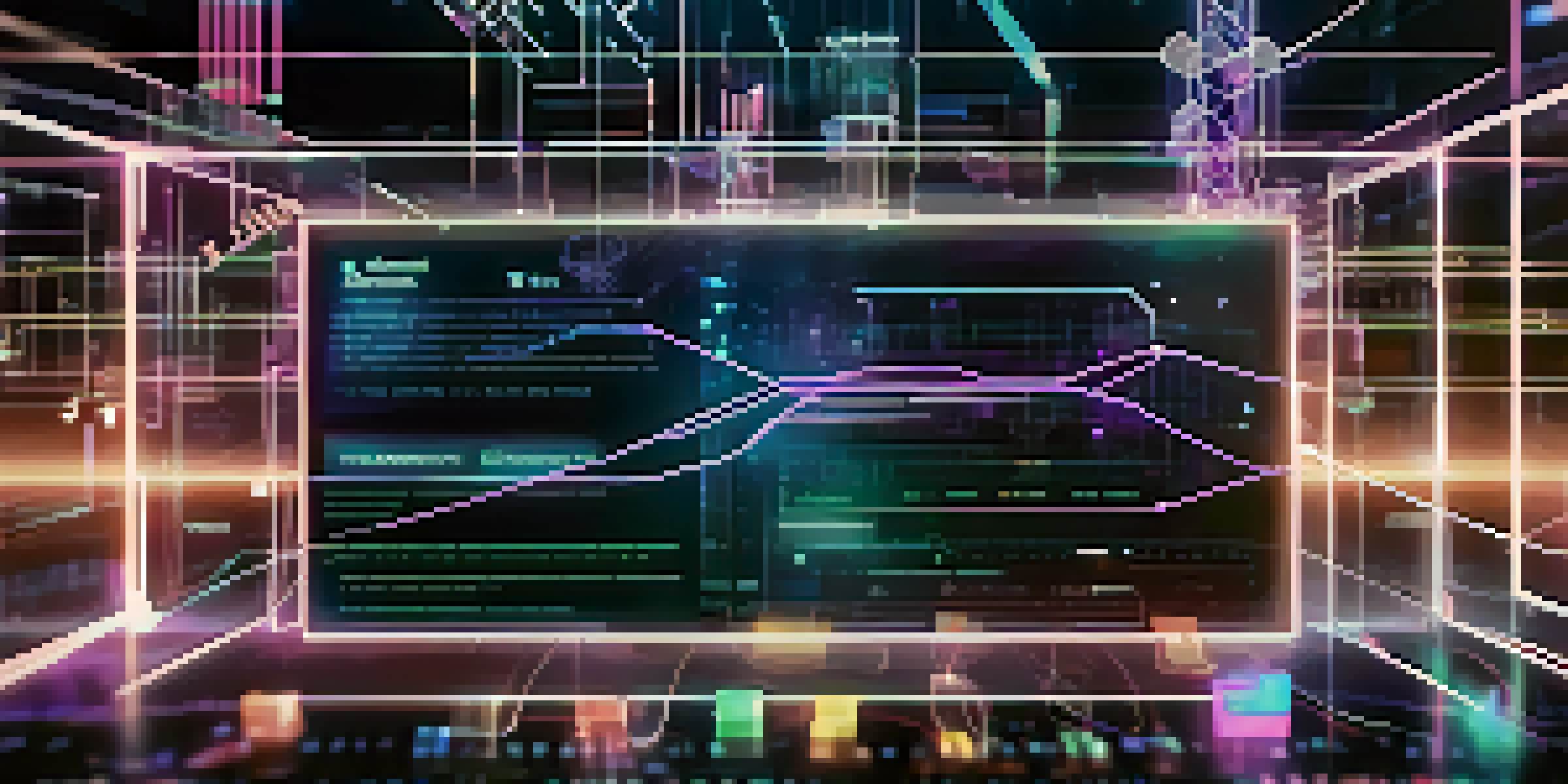 A futuristic touchscreen showing a digital blockchain ledger with glowing data streams and nodes, representing secure transactions.