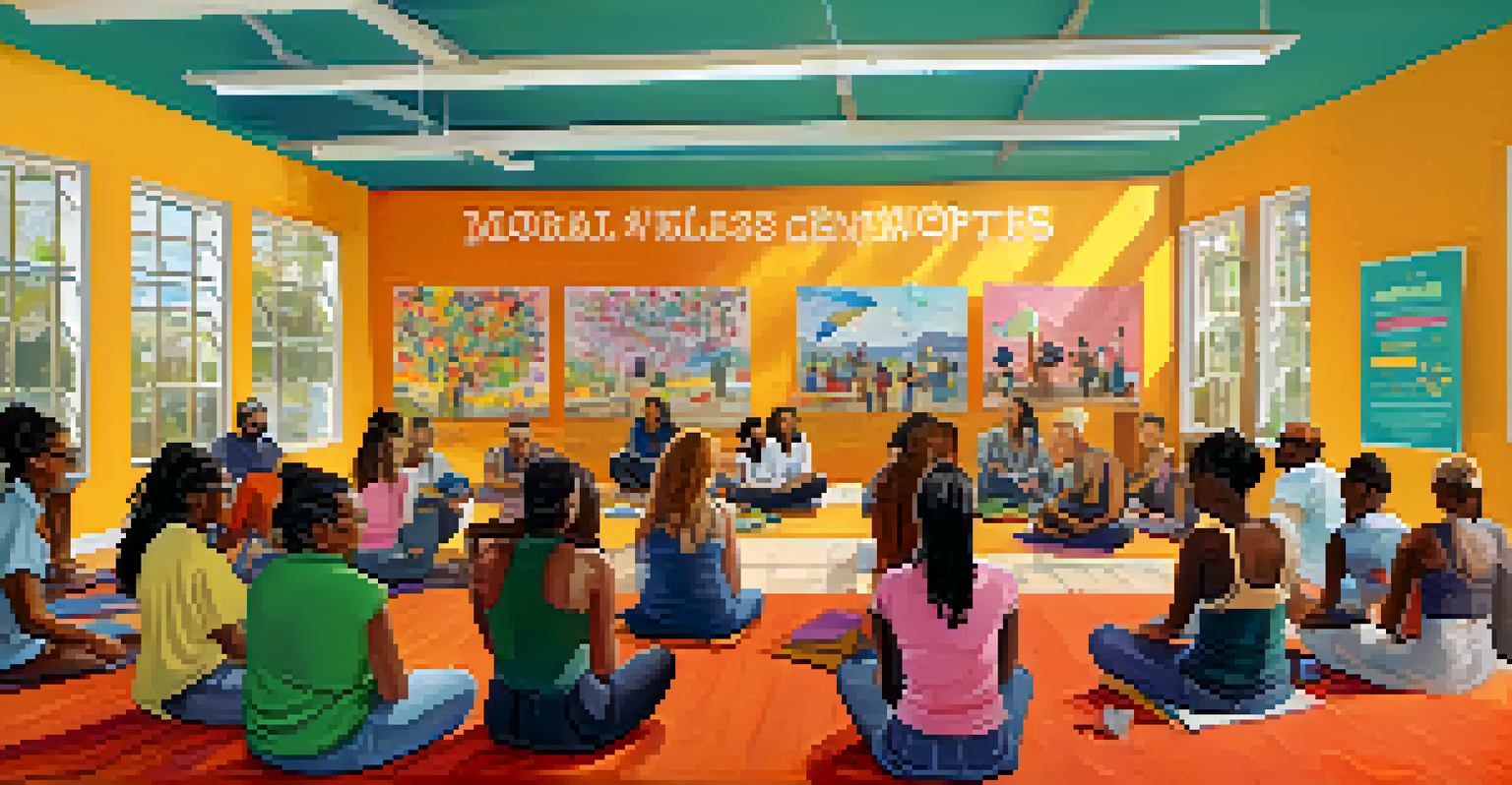 A lively community center with diverse individuals engaging in a mental health workshop, surrounded by colorful wellness posters.