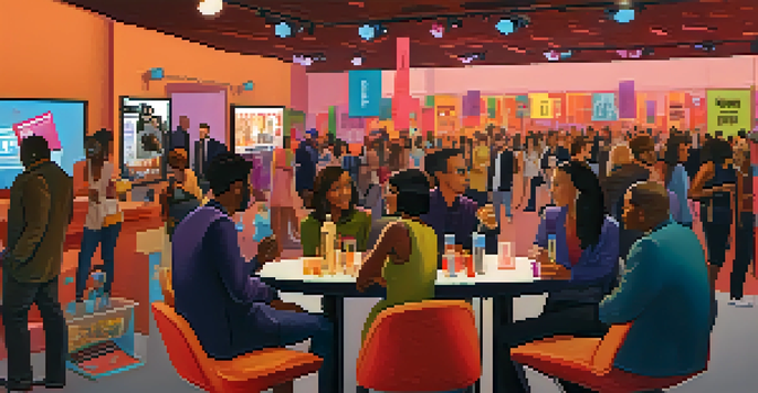 A lively film festival scene with filmmakers networking, surrounded by film posters and a colorful banner.