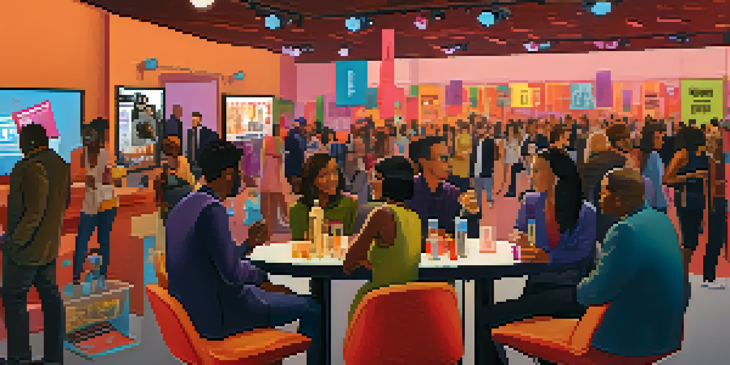 A lively film festival scene with filmmakers networking, surrounded by film posters and a colorful banner.