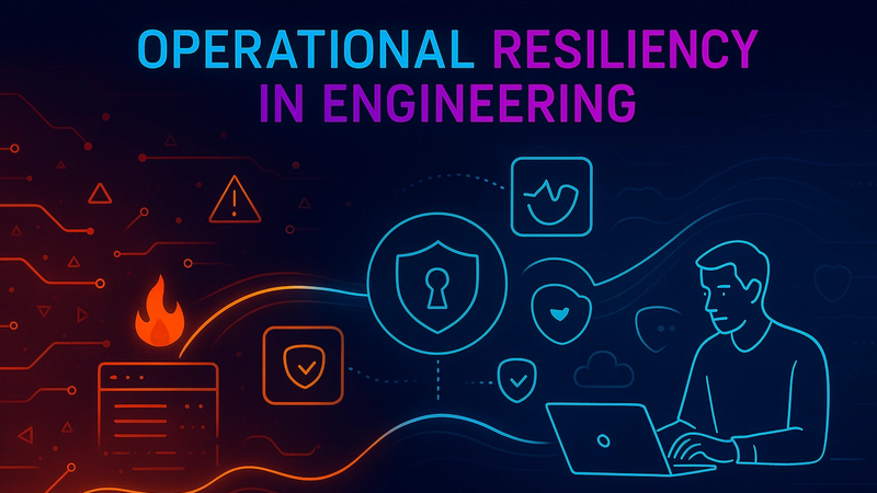 Cyberpunk-style visualization split between left-side disruption and right-side continuity. The left glows with ember orange icons of fire, warnings, and network breakdowns, while the right flows in neon cyan featuring a focused engineer at a laptop and secure shield icons. A central glowing lock-shield symbol connects both sides, representing engineering-led business continuity and operational resilience.