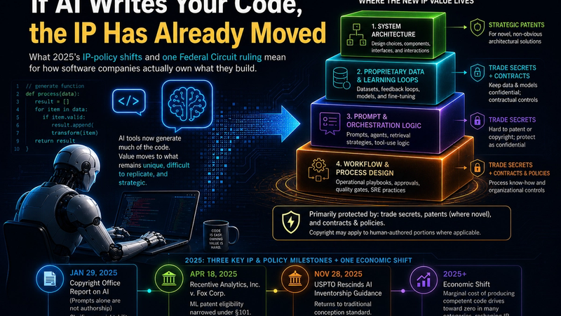 Neon cyberpunk illustration depicting human-guided AI systems and layered intellectual property protection, emphasizing inventorship, architecture, and data as key assets.