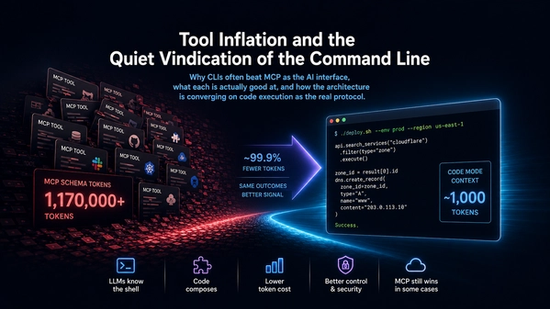 Neon cyberpunk illustration comparing bloated MCP tool ecosystems against streamlined CLI and code-execution workflows for AI agents, highlighting token efficiency, composability, and modern agent architecture design.