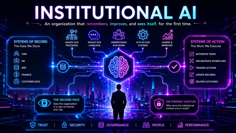 Futuristic neon cyberpunk illustration of Institutional AI as a central organizational intelligence layer connecting systems of record and systems of action across an enterprise. A glowing AI core sits at the center of interconnected business processes, governance, security, people, and performance, symbolizing an organization that remembers, improves, and sees itself for the first time.