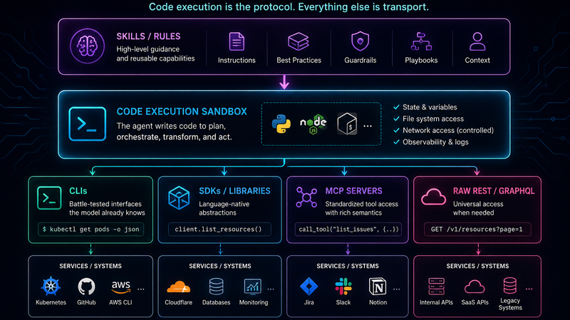 Layered agent architecture. Top: Skills / Rules. Middle: Code execution sandbox. Bottom row: CLIs, SDKs, MCP servers, raw REST. All sitting above the services they wrap.