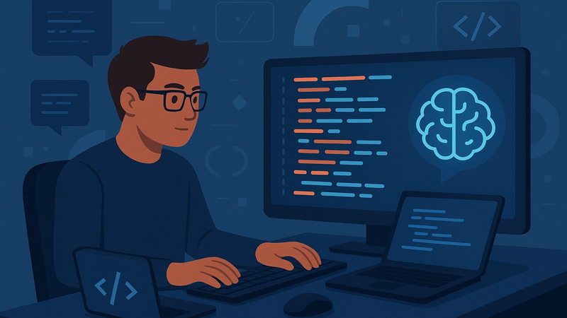 A neon cyberpunk-inspired illustration showing a software engineer surrounded by glowing AI prompts, coding in a futuristic workspace. Circuitry, floating code snippets, and a stylized UI scaffold the scene, representing AI-assisted development in a high-tech enterprise context.