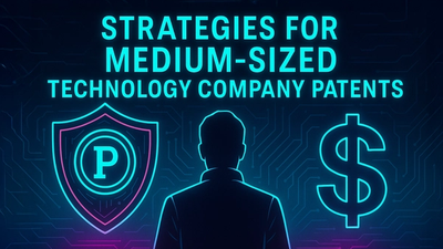 Cyberpunk-style image showing a glowing vault symbolizing patent protection surrounded by silhouettes of key stakeholders in a medium-sized tech company, with circuit overlays indicating secured innovation.