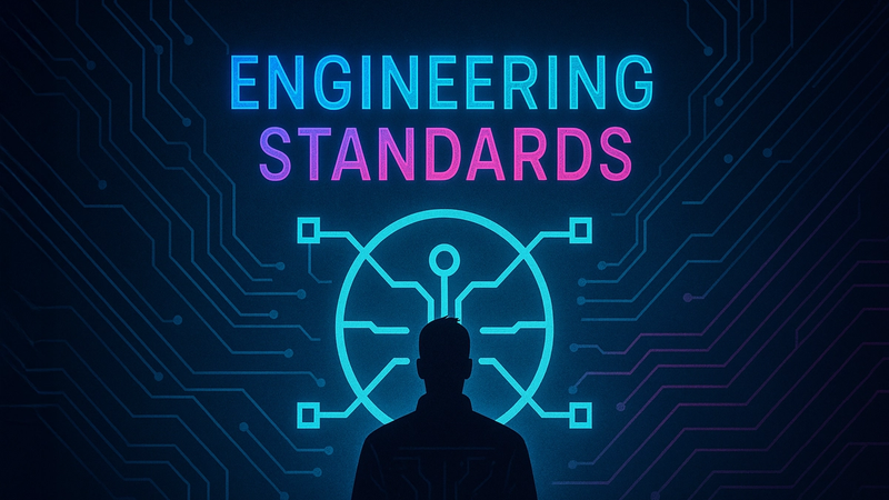 Neon cyberpunk illustration of engineers and leaders collaborating around a glowing blueprint, symbolizing the strategic role of engineering standards in an organization.