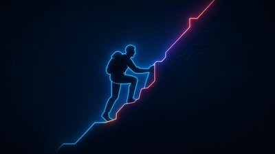 Cyberpunk-style illustration of a tech executive climbing a digital mountain with glowing obstacles, symbolizing strategic crux challenges in leadership and execution.