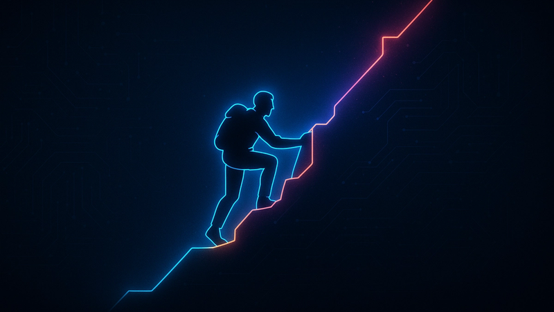 Cyberpunk-style illustration of a tech executive climbing a digital mountain with glowing obstacles, symbolizing strategic crux challenges in leadership and execution.