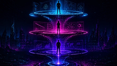 Neon cyberpunk illustration depicting layered organizational cadence with architects, program managers, and executives connected through structured communication flows.
