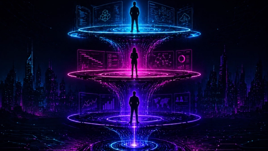 Neon cyberpunk illustration depicting layered organizational cadence with architects, program managers, and executives connected through structured communication flows.
