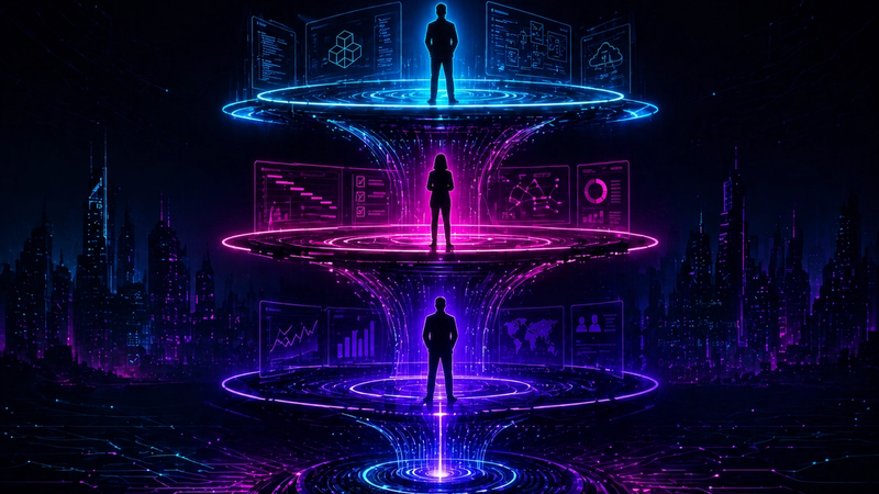 Neon cyberpunk illustration depicting layered organizational cadence with architects, program managers, and executives connected through structured communication flows.