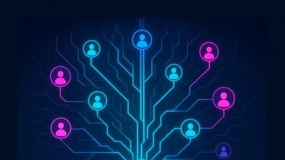 A neon cyberpunk-style illustration of a silhouetted leader coordinating cross-functional teams through interconnected glowing roots, symbolizing Nemawashi-style consensus-building in medium-sized enterprises.