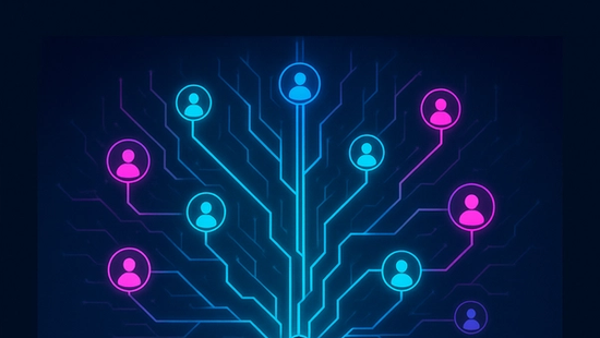 A neon cyberpunk-style illustration of a silhouetted leader coordinating cross-functional teams through interconnected glowing roots, symbolizing Nemawashi-style consensus-building in medium-sized enterprises.