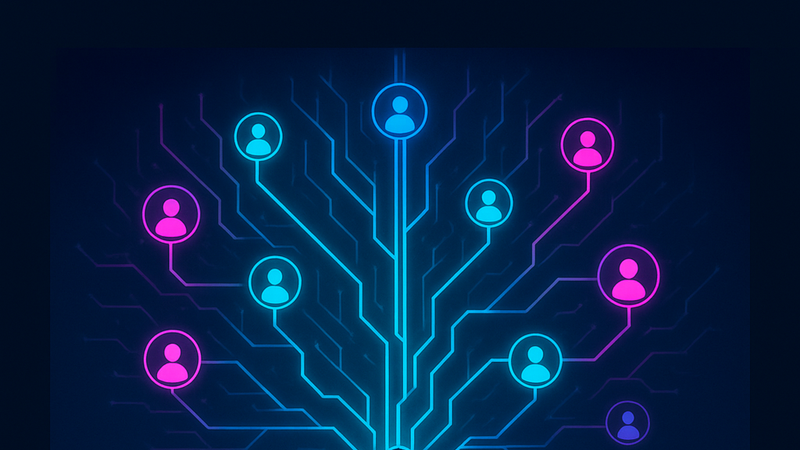 A neon cyberpunk-style illustration of a silhouetted leader coordinating cross-functional teams through interconnected glowing roots, symbolizing Nemawashi-style consensus-building in medium-sized enterprises.