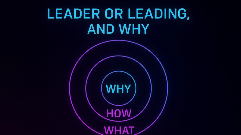Digital illustration of Simon Sinek’s Golden Circle framework set against a dark gradient background. Three concentric neon-glow rings are labeled from the center outward as “WHY” (cyan), “HOW” (purple), and “WHAT” (magenta). Above the circles, glowing cyan text reads “LEADER OR LEADING, AND WHY.” The design uses a minimalist, high-contrast aesthetic to emphasize purpose-driven leadership.