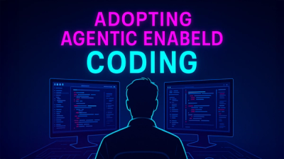Cyberpunk-styled digital illustration of developers and AI agents collaboratively working within an IDE, symbolizing AI-enabled coding in medium-sized enterprises.