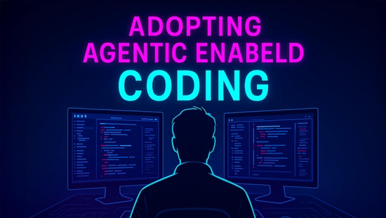 Cyberpunk-styled digital illustration of developers and AI agents collaboratively working within an IDE, symbolizing AI-enabled coding in medium-sized enterprises.