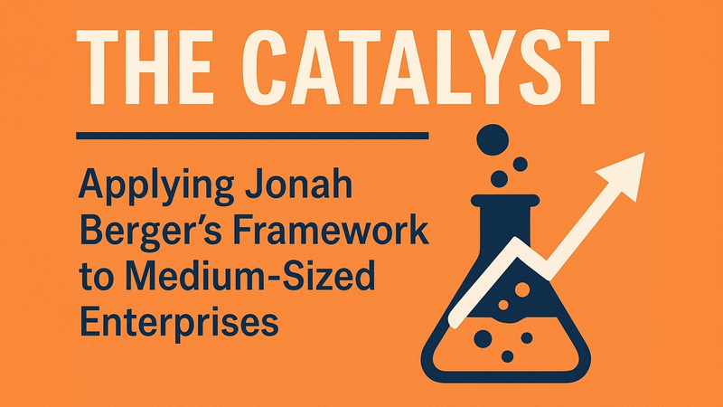 Illustrated graphic with the title “The Catalyst” and subtitle “Applying Jonah Berger’s Framework to Medium-Sized Enterprises” in bold typography on an orange background. Features a dark blue beaker with bubbles and an upward-pointing arrow, symbolizing transformation and growth.