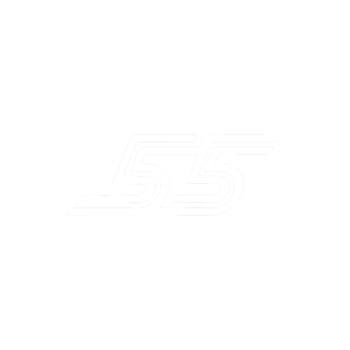 Stylized number 55 with a retro, striped design.