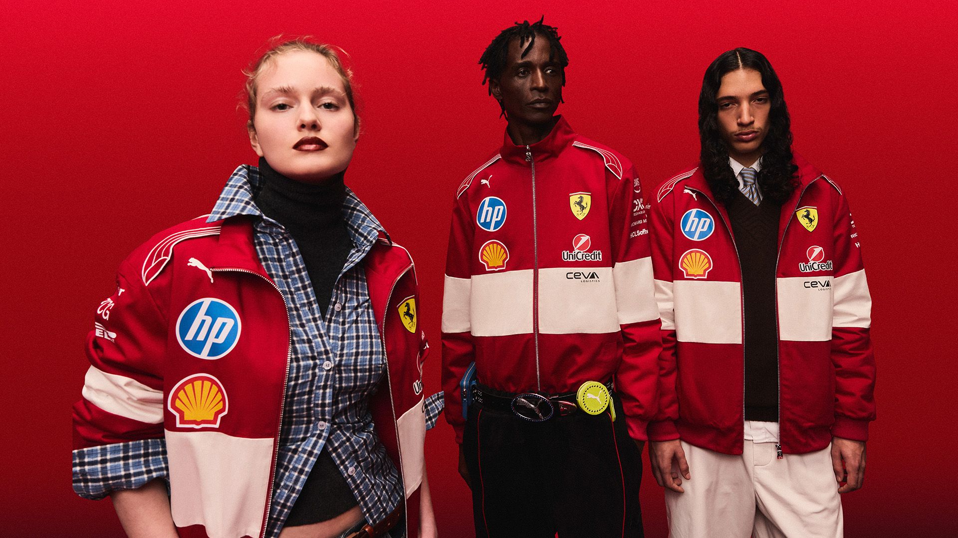 Three models wear red and white racing track jackets with sponsor logos against a red background.