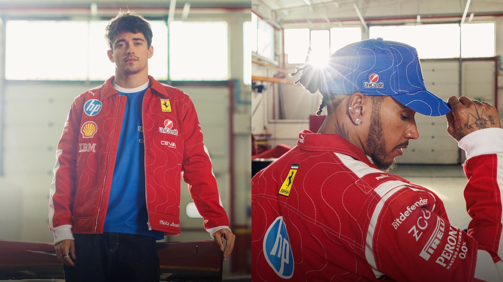 Charles Leclerc and Lewis Hamilton in red Ferrari team jackets with sponsor logos, in a garage. Leclerc faces forward, Hamilton adjusts a blue cap.