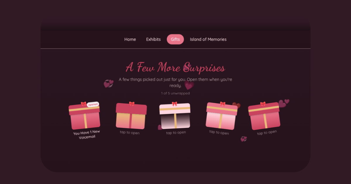 Gifts page titled "A Few More Surprises" with five wrapped gift boxes, one already opened and labelled "You Have 1 New Voicemail".