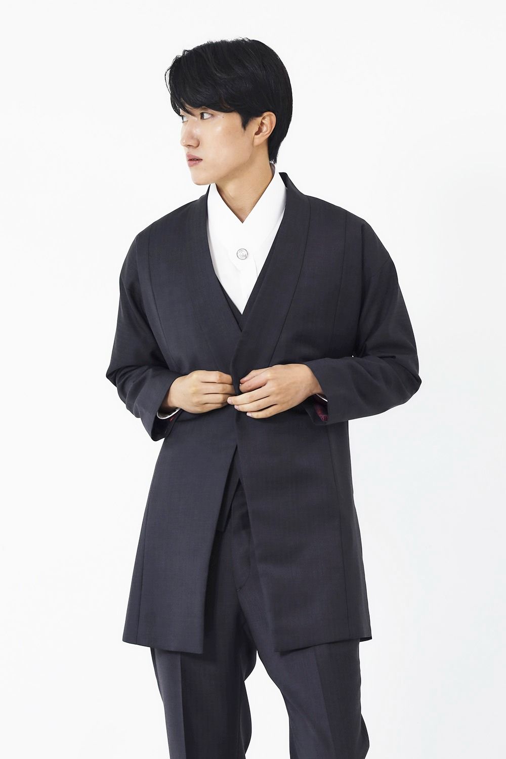 맞깃 롱 한복정장 자켓 - 헤링본 다크그레이